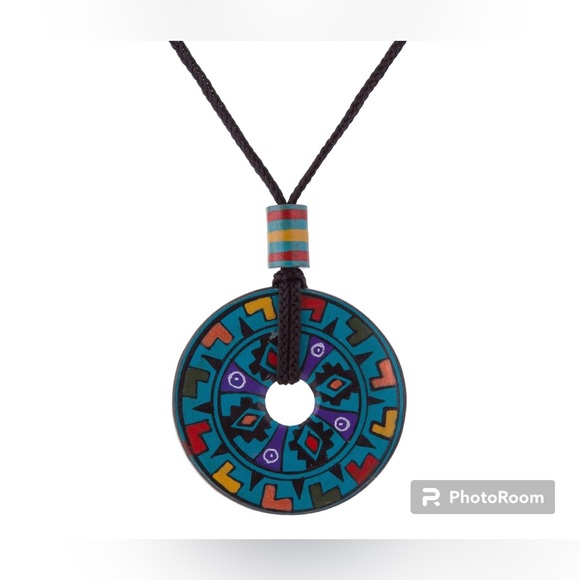 Peruvian Hand Painted Ceramic Pendant Necklace on a Black Cord - Picture 2 of 6